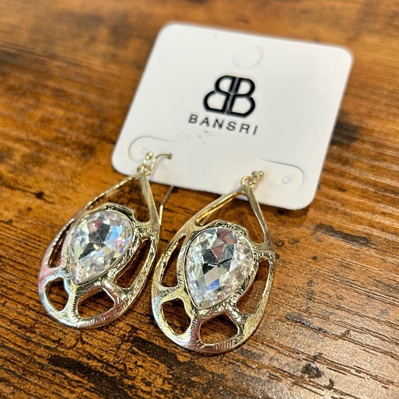 NWT Bansri Gold Clear Crystal Teardrop Statement Dangle Earrings - Picture 4 of 6